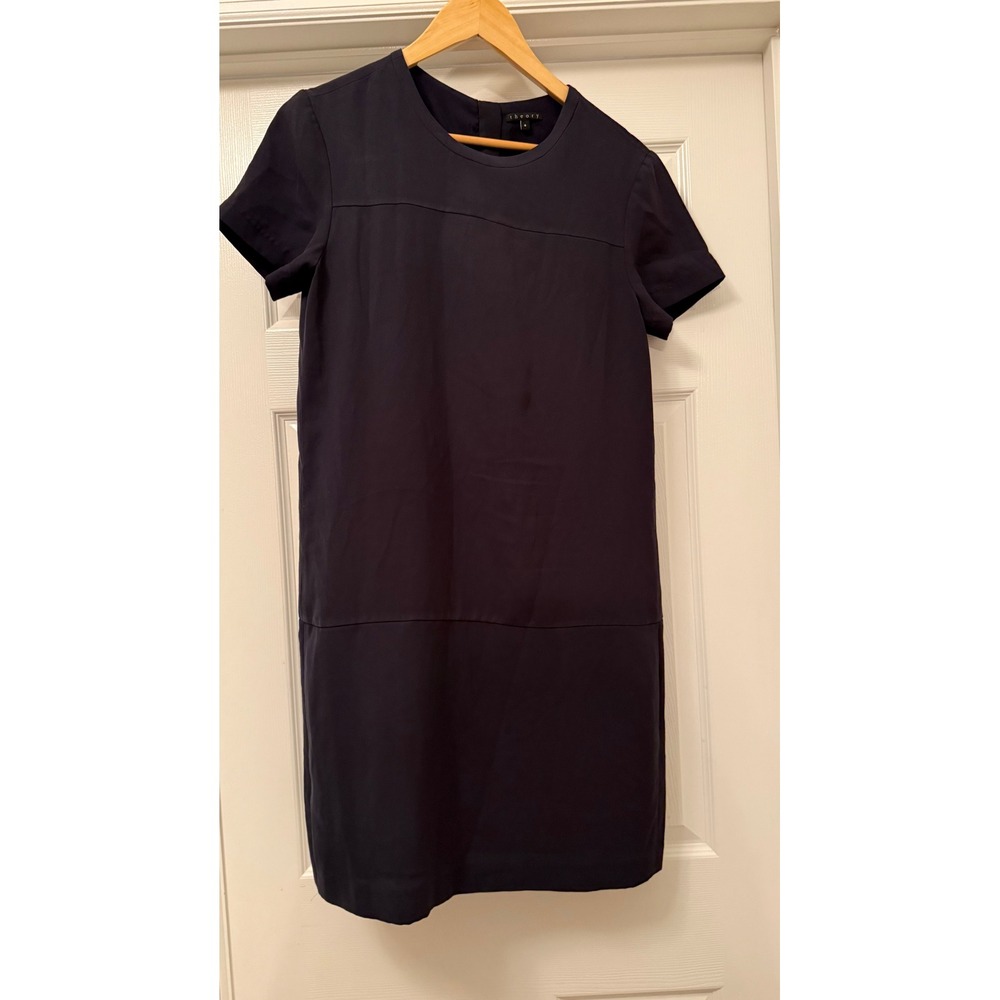 Theory Shift Dress Women 8 Navy Blue Short Sleeve Seam Detail Mini Back Zip